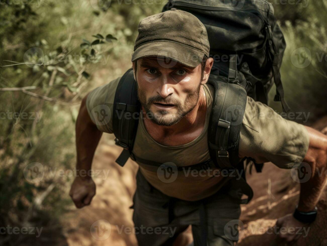 Determined man climbs a steep mountain trail AI Generative photo