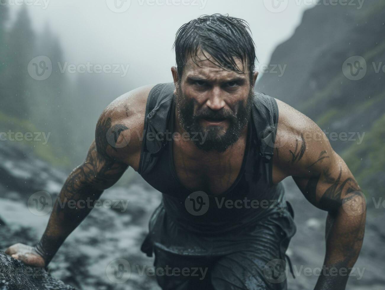 Determined man climbs a steep mountain trail AI Generative photo