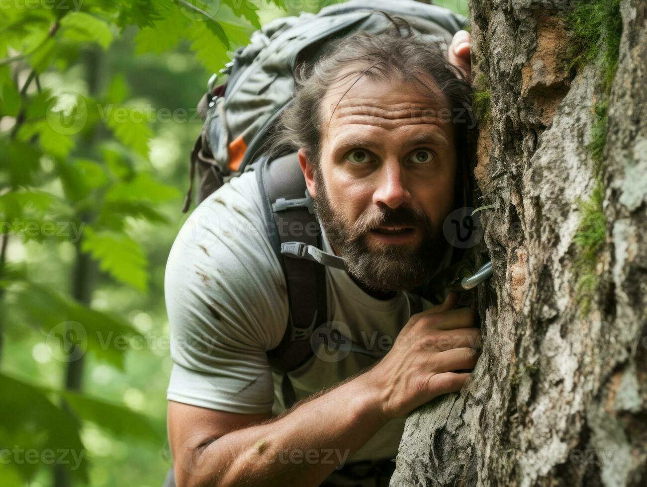Determined man climbs a steep mountain trail AI Generative photo