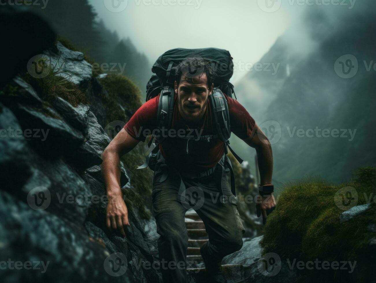 Determined man climbs a steep mountain trail AI Generative photo