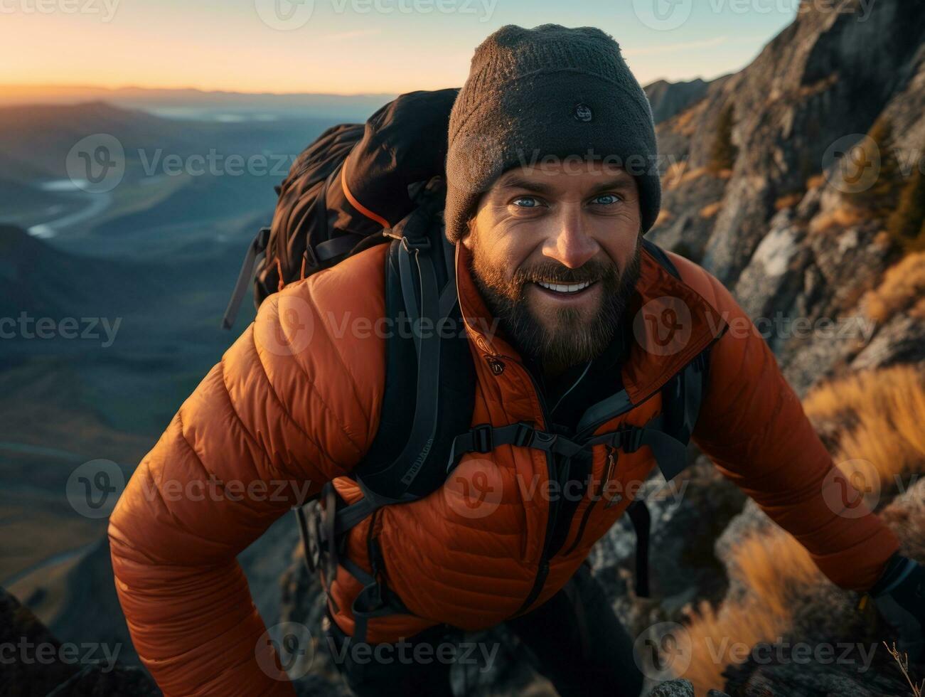 Determined man climbs a steep mountain trail AI Generative photo