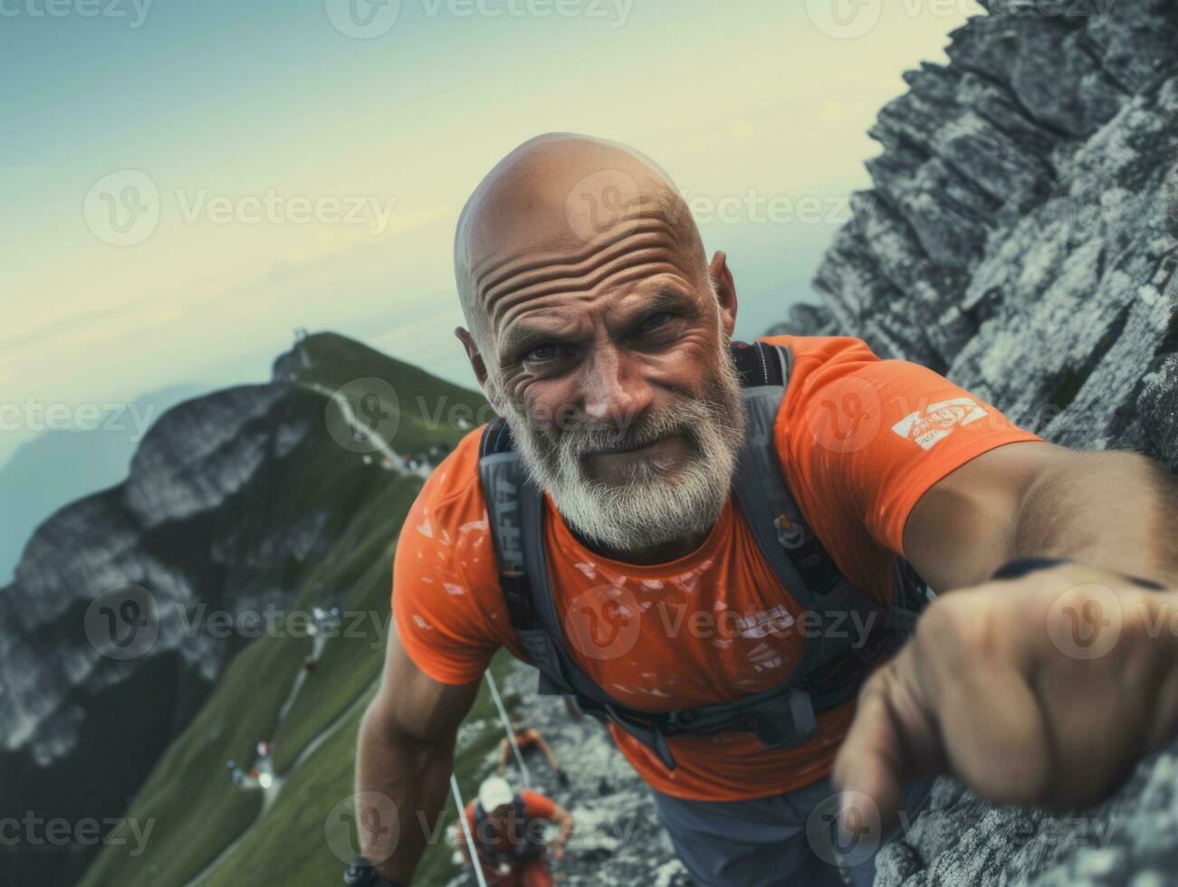 Determined man climbs a steep mountain trail AI Generative photo