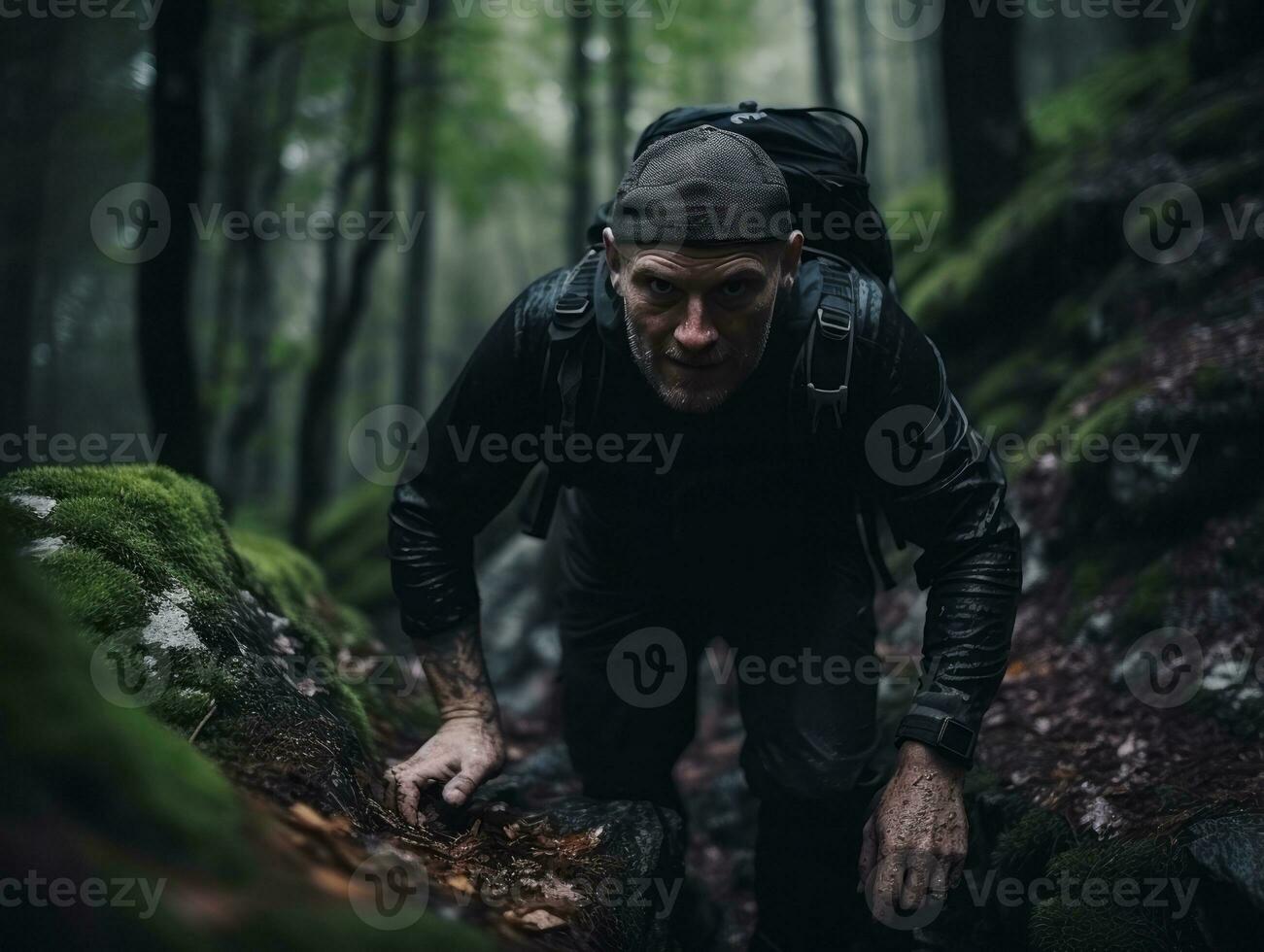Determined man climbs a steep mountain trail AI Generative photo
