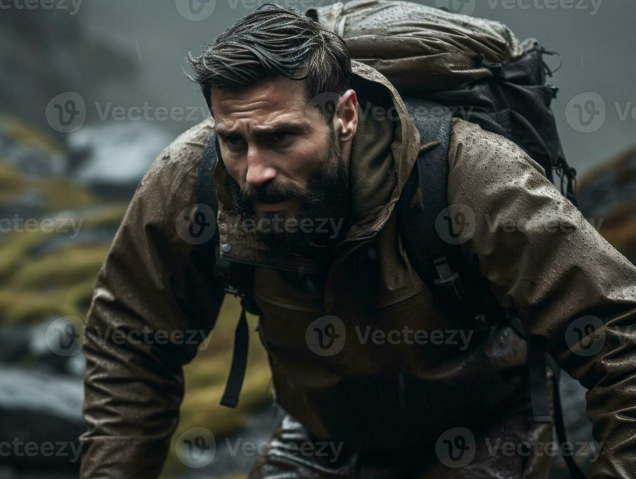 Determined man climbs a steep mountain trail AI Generative photo