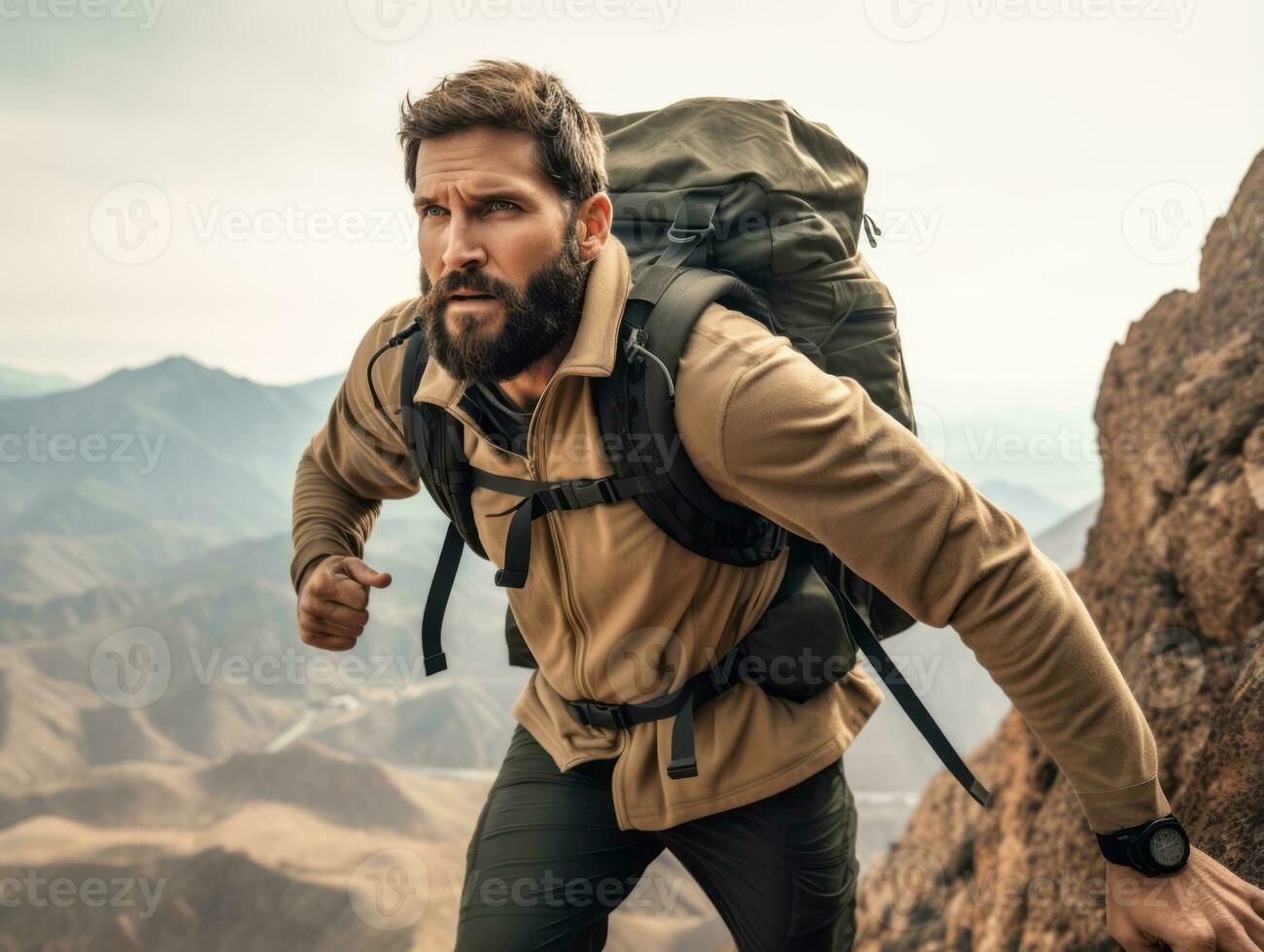 Determined man climbs a steep mountain trail AI Generative photo