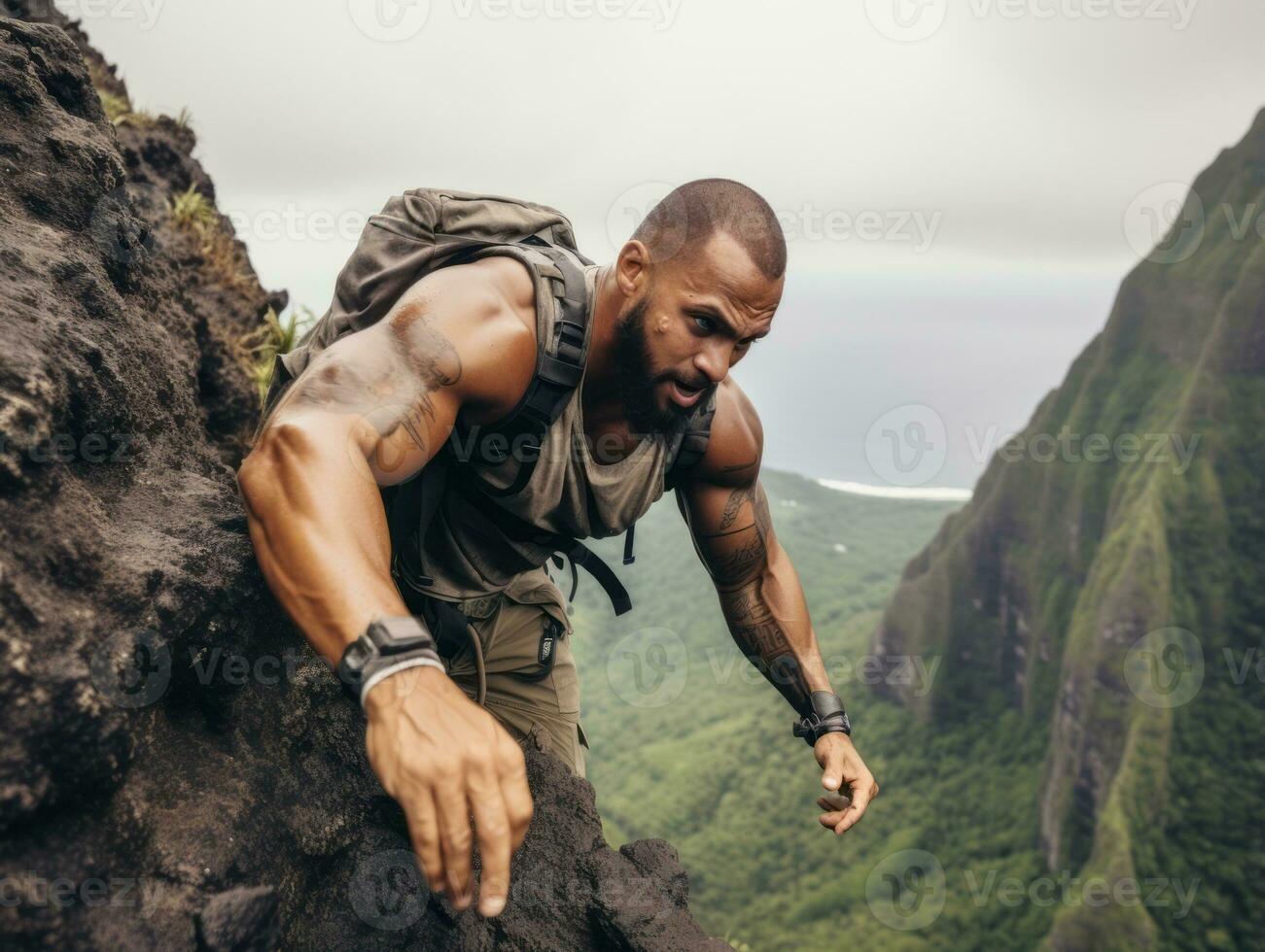 Determined man climbs a steep mountain trail AI Generative photo