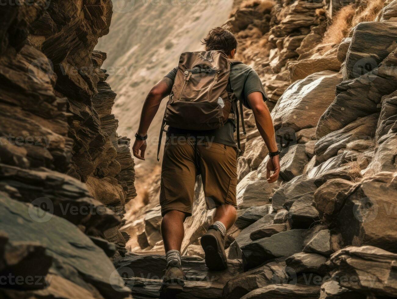 Determined man climbs a steep mountain trail AI Generative photo