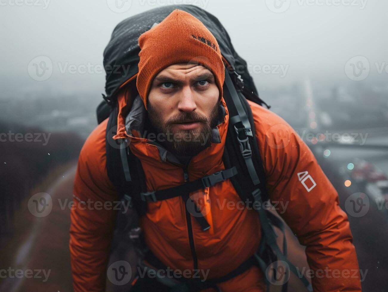 Determined man climbs a steep mountain trail AI Generative photo