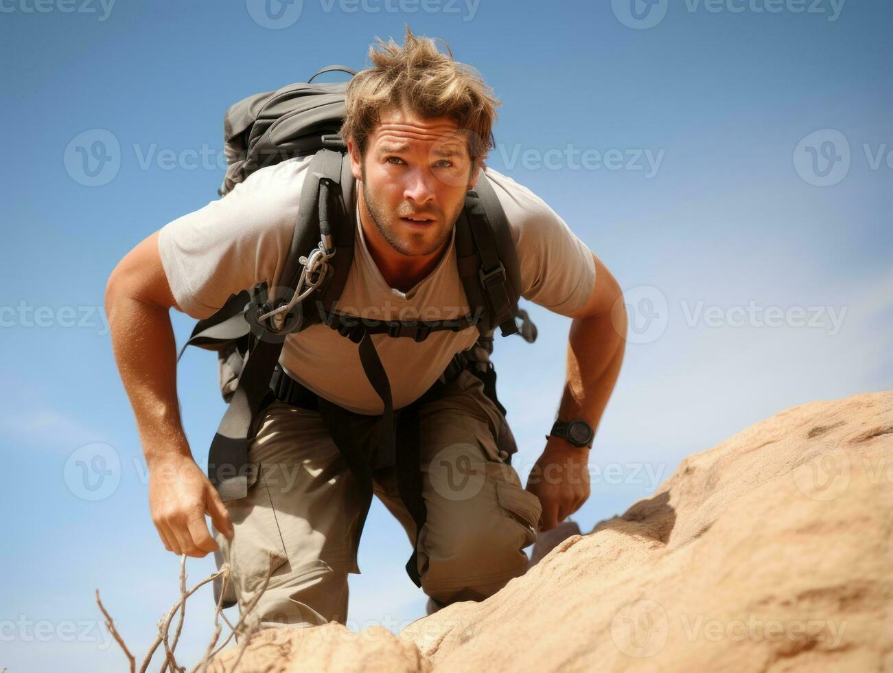 Determined man climbs a steep mountain trail AI Generative photo