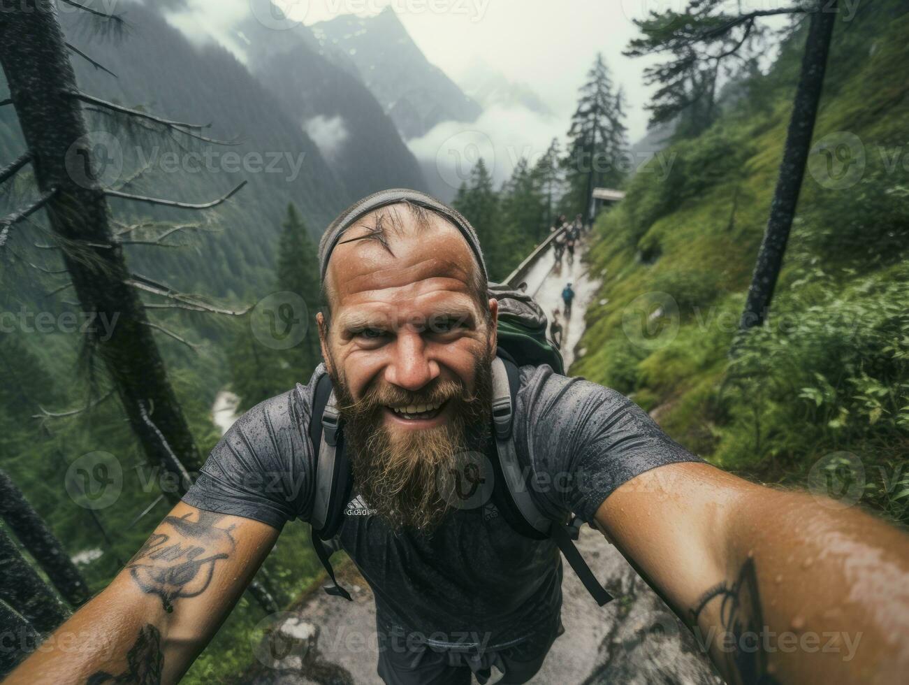 Determined man climbs a steep mountain trail AI Generative photo