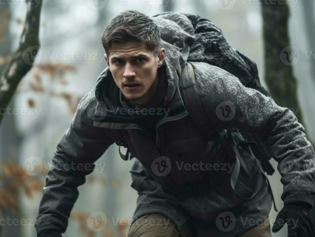 determinado hombre sube un escarpado montaña sendero ai generativo foto