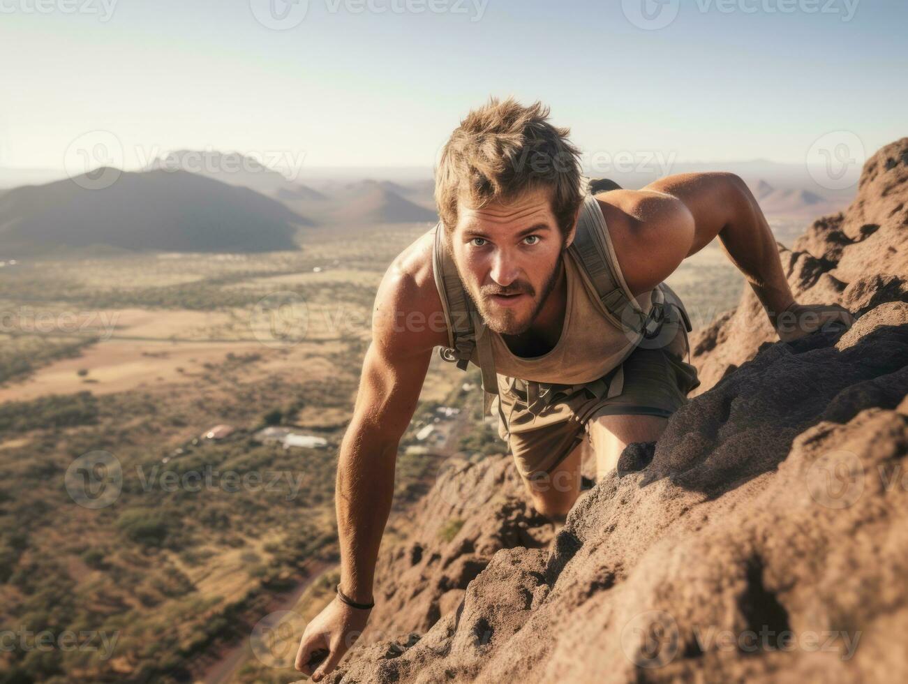 Determined man climbs a steep mountain trail AI Generative photo