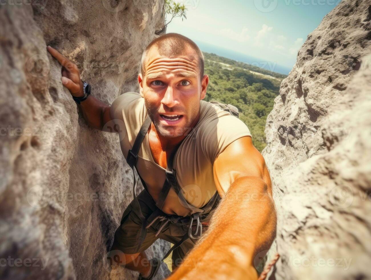 Determined man climbs a steep mountain trail AI Generative photo