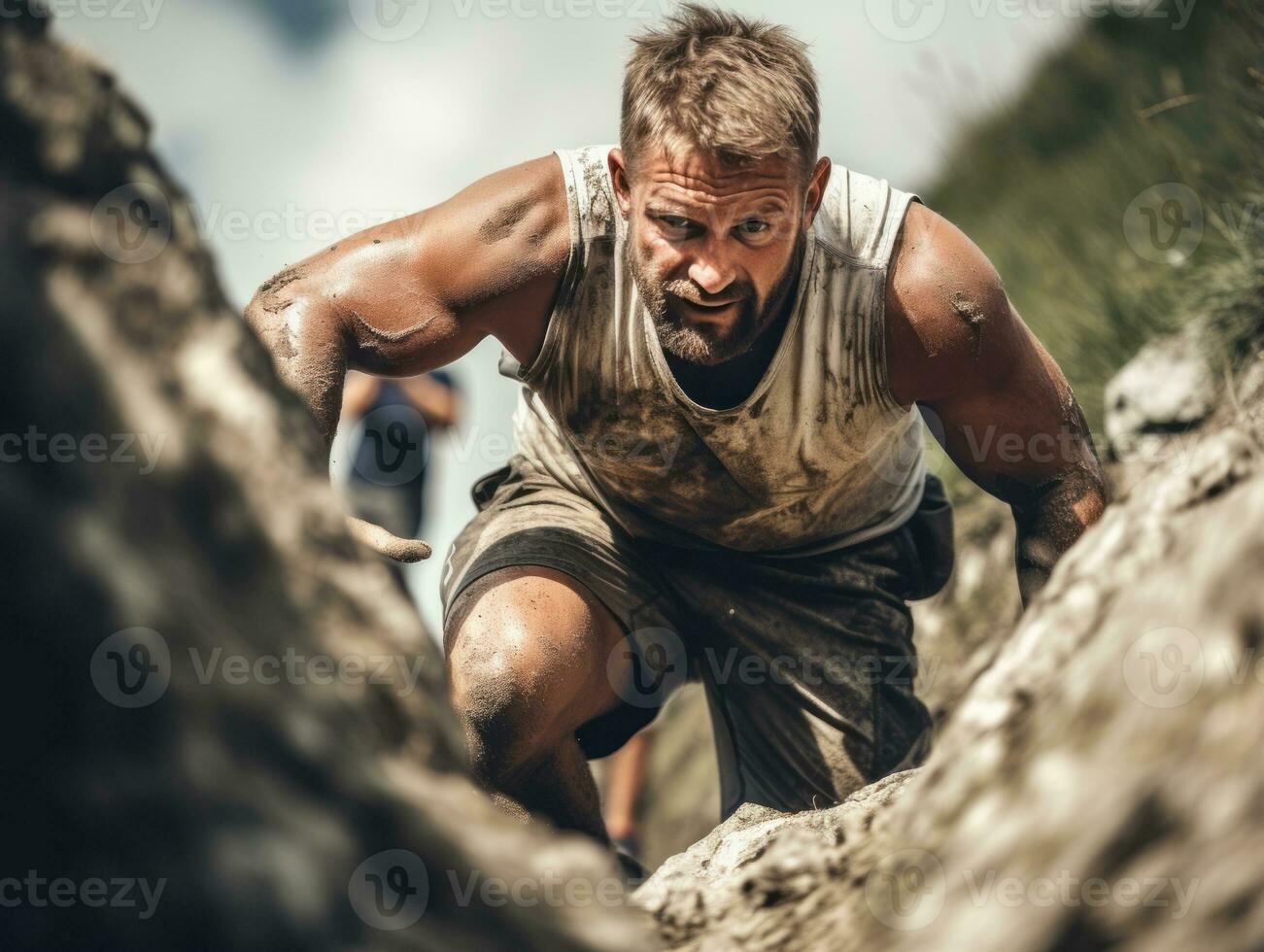 Determined man climbs a steep mountain trail AI Generative photo