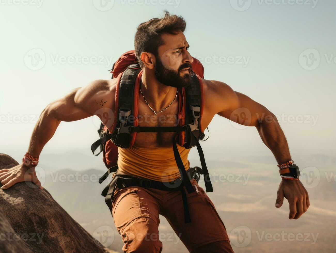 Determined man climbs a steep mountain trail AI Generative photo