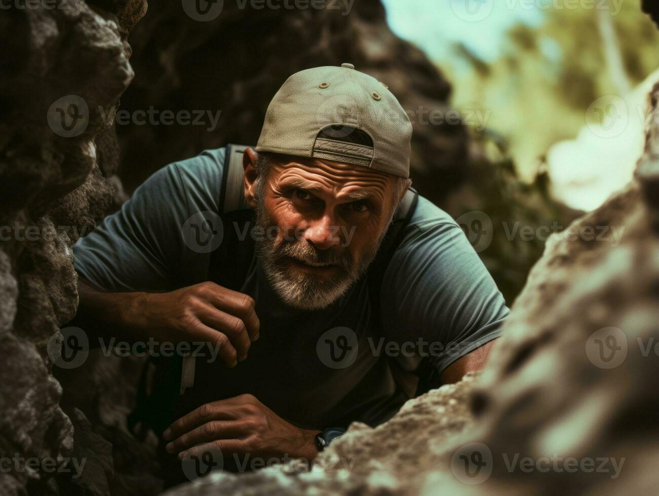 Determined man climbs a steep mountain trail AI Generative photo