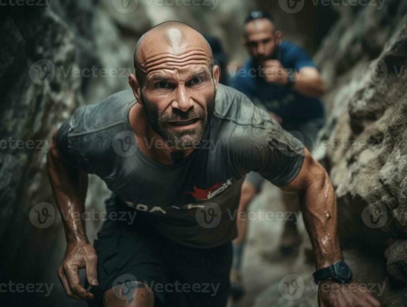 Determined man climbs a steep mountain trail AI Generative photo