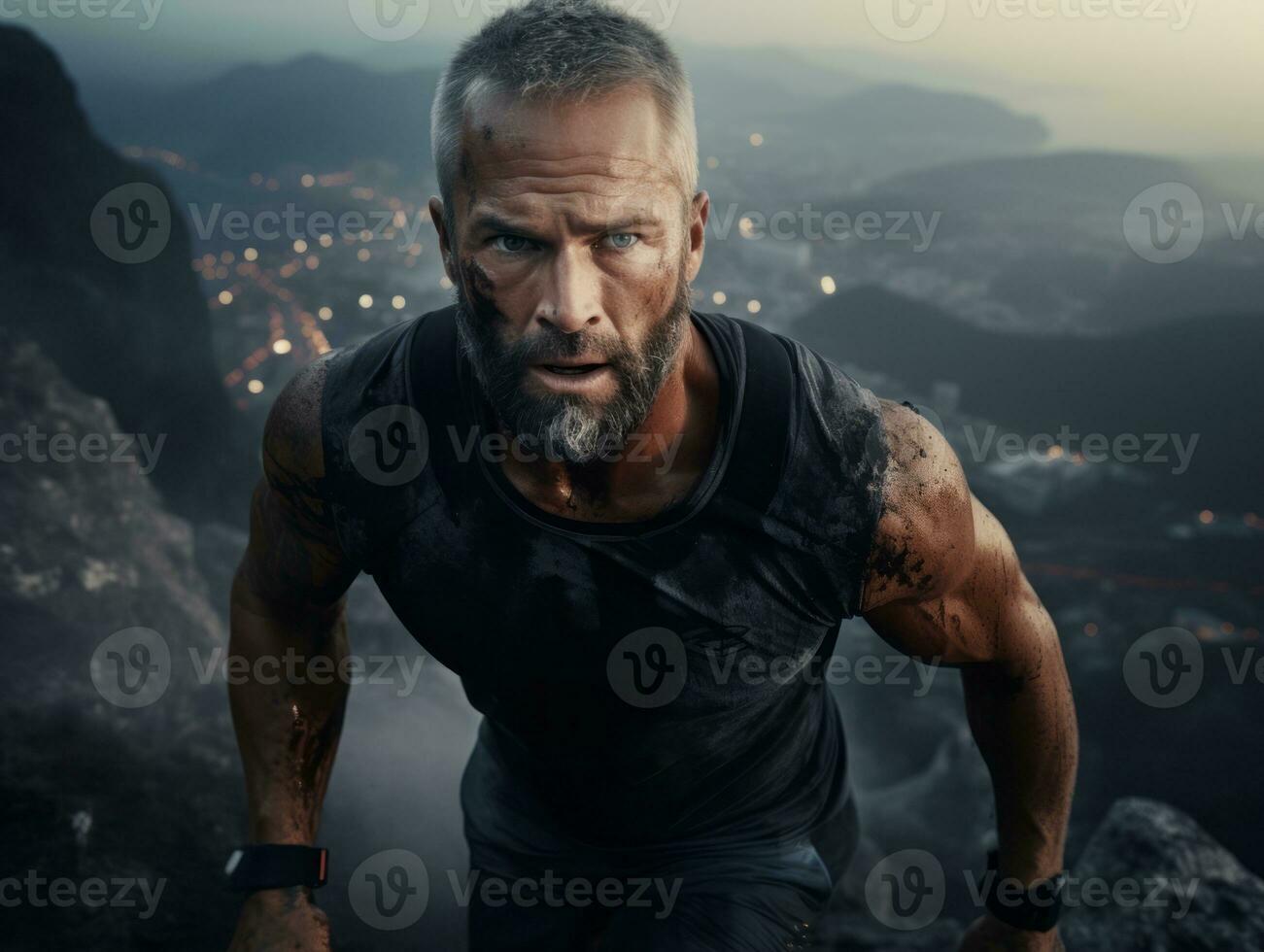 Determined man climbs a steep mountain trail AI Generative photo