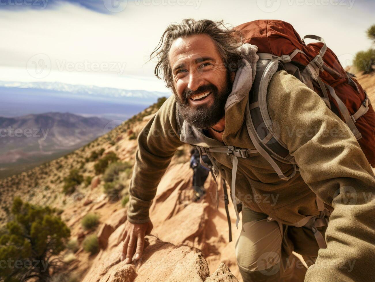 determinado hombre sube un escarpado montaña sendero ai generativo foto