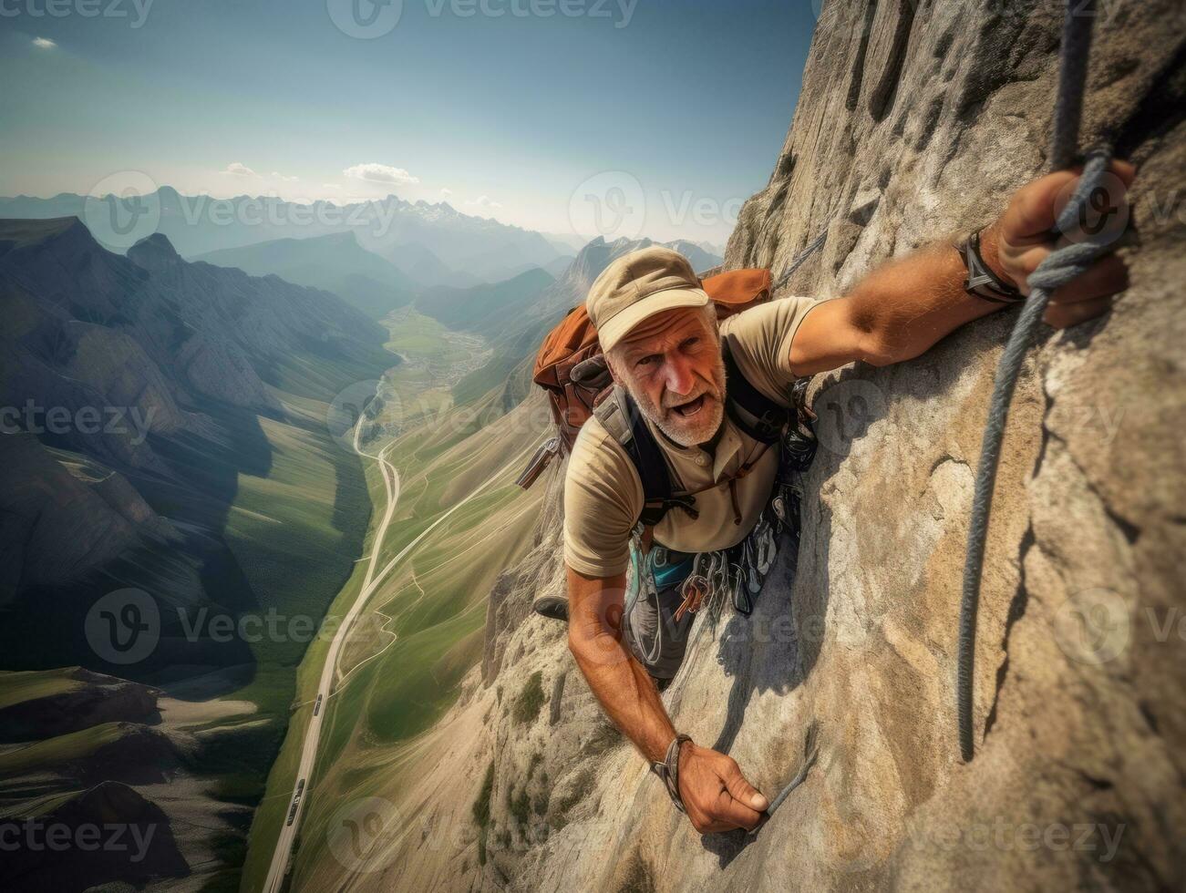 Determined man climbs a steep mountain trail AI Generative photo