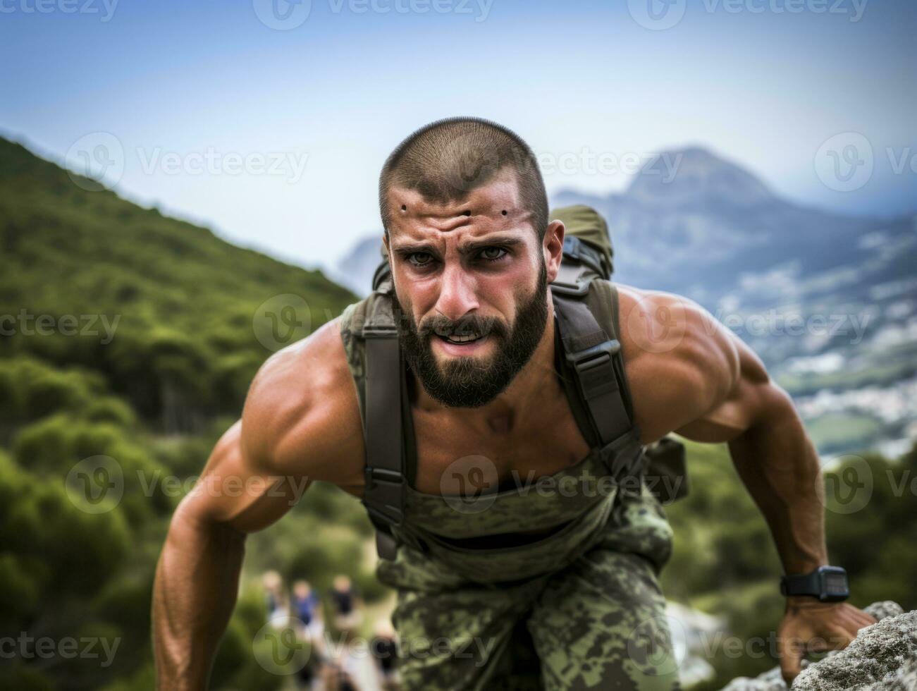 Determined man climbs a steep mountain trail AI Generative photo
