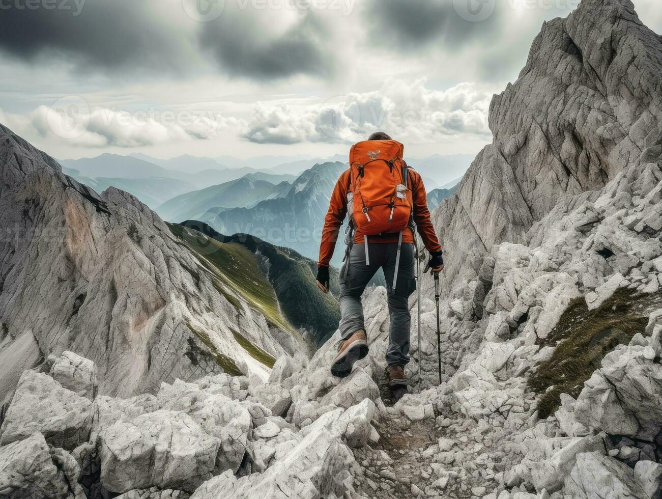 Determined man climbs a steep mountain trail AI Generative photo