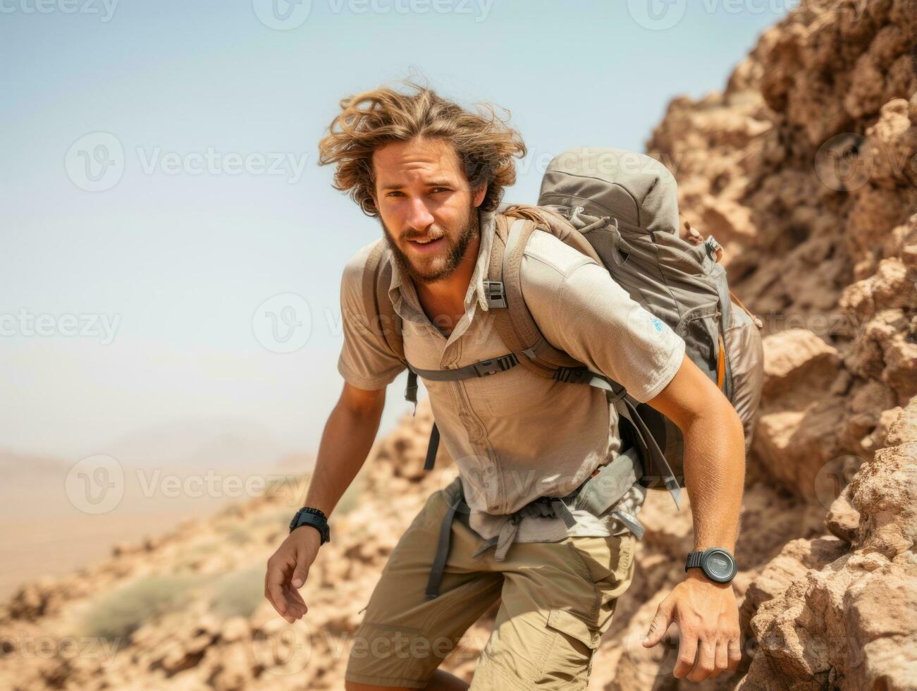 Determined man climbs a steep mountain trail AI Generative photo