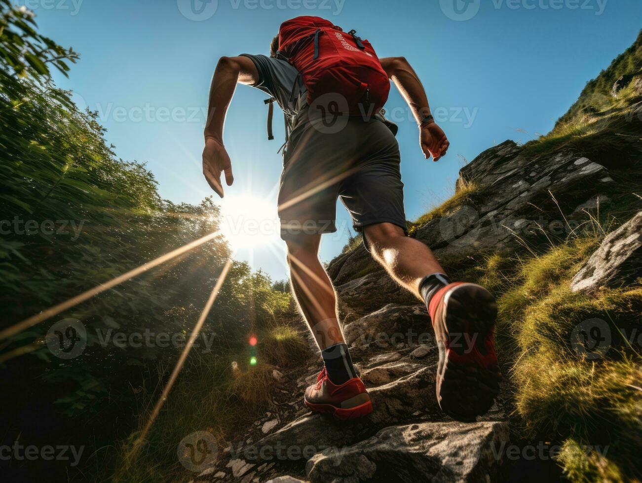 Determined man climbs a steep mountain trail AI Generative photo
