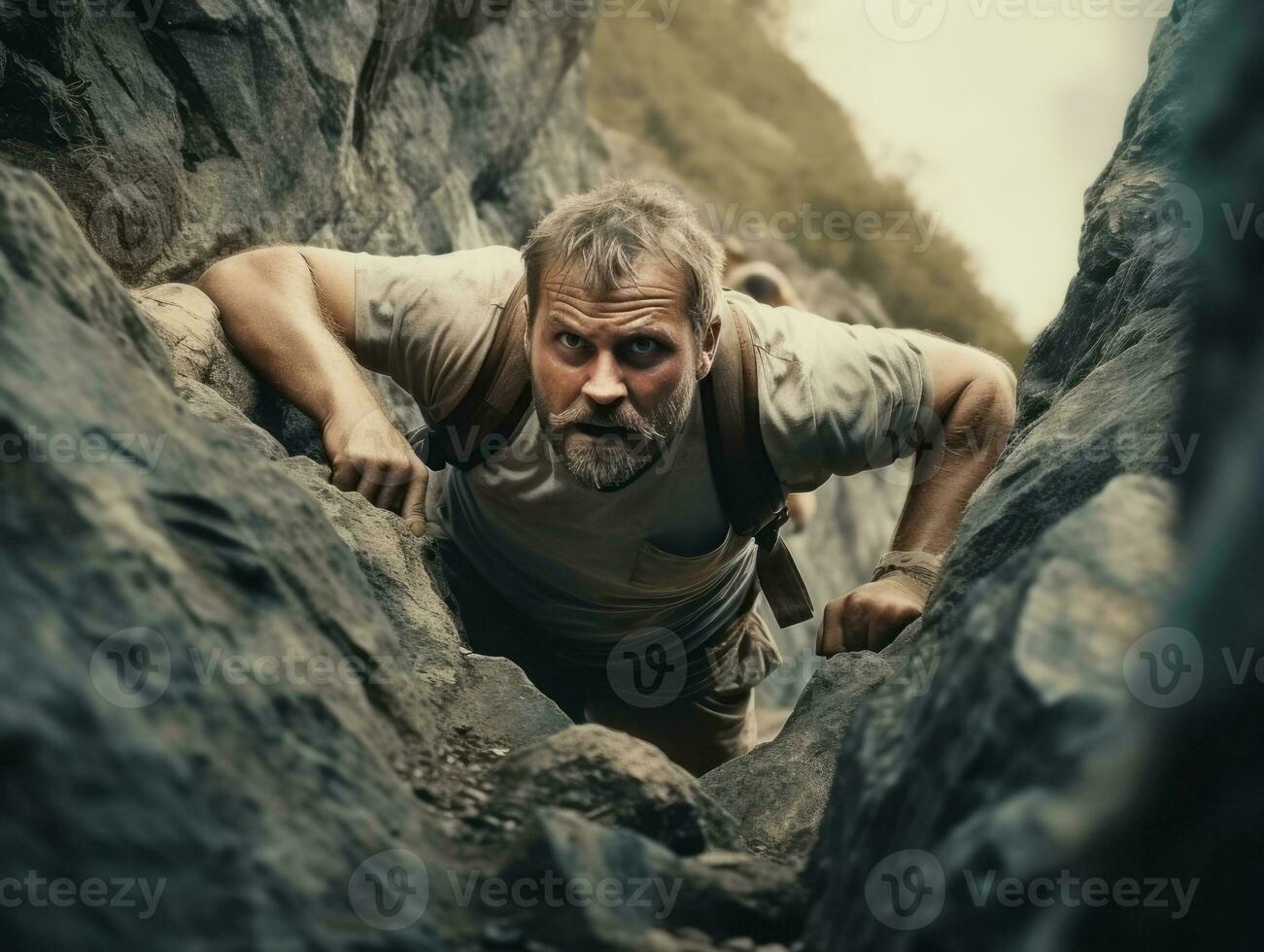 Determined man climbs a steep mountain trail AI Generative photo