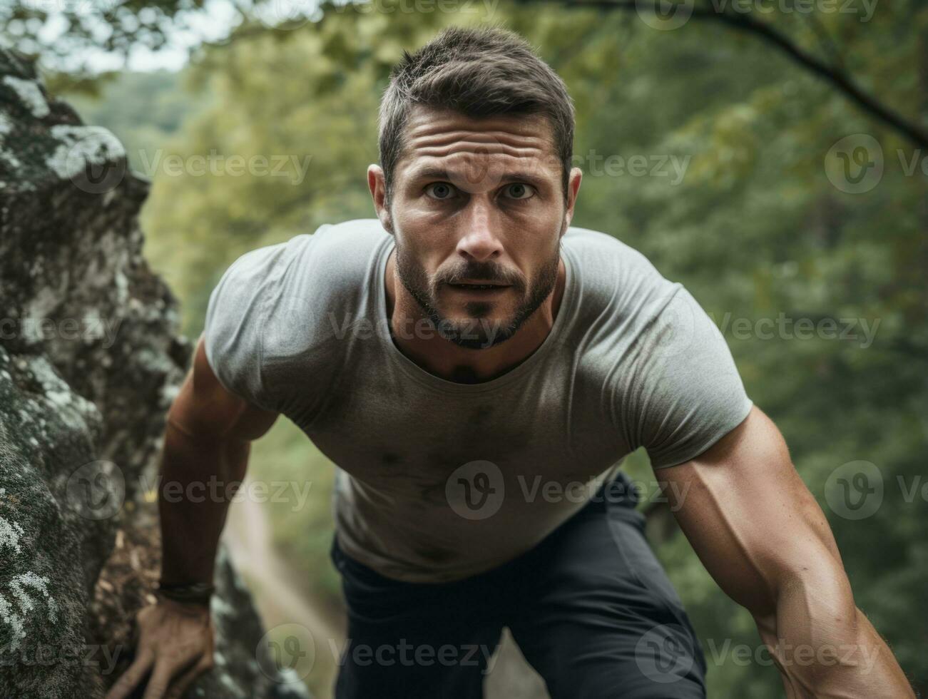 determinado hombre sube un escarpado montaña sendero ai generativo foto