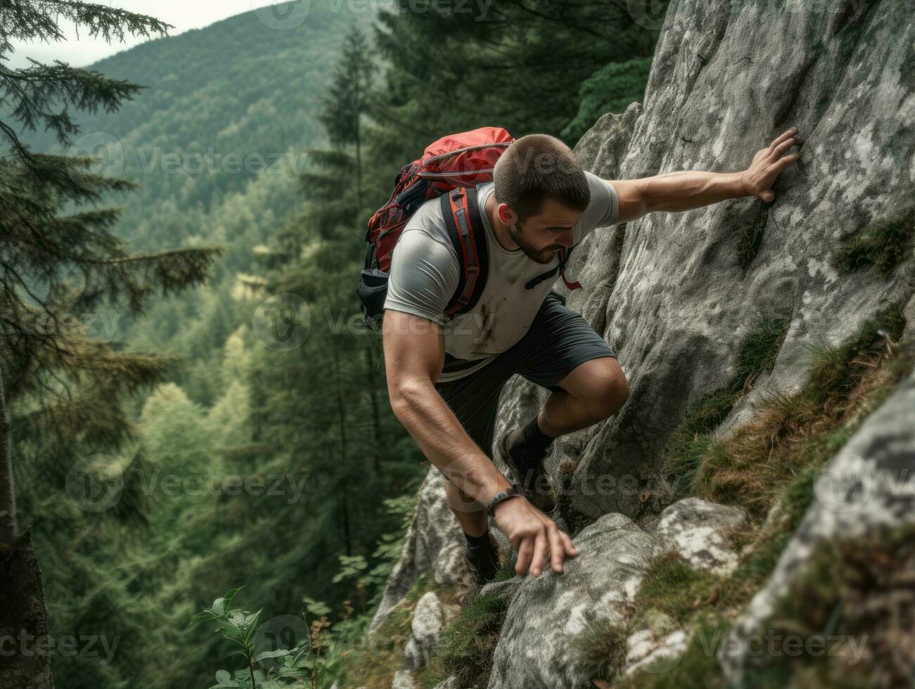Determined man climbs a steep mountain trail AI Generative photo