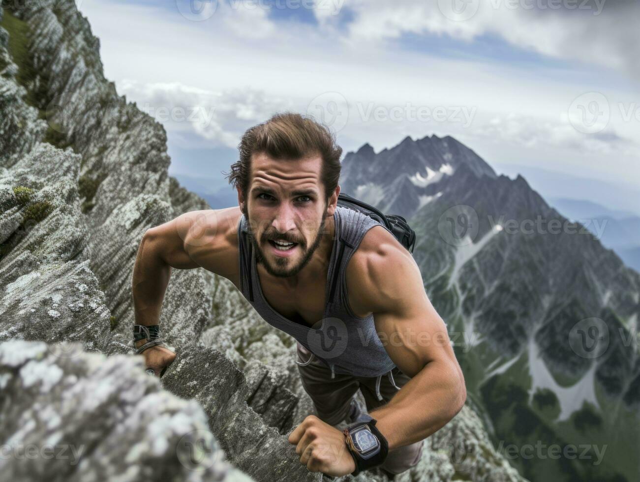 Determined man climbs a steep mountain trail AI Generative photo