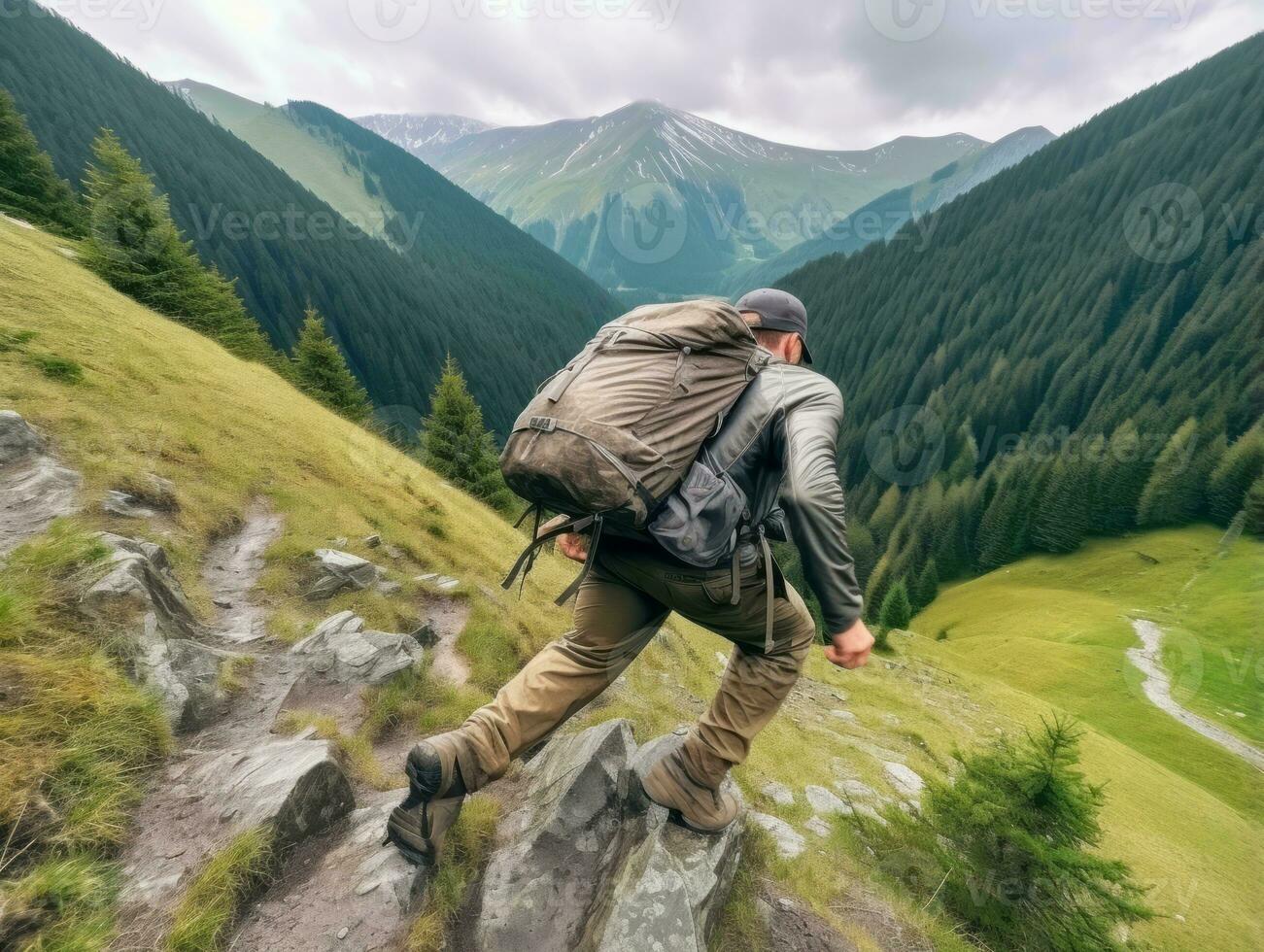 Determined man climbs a steep mountain trail AI Generative photo