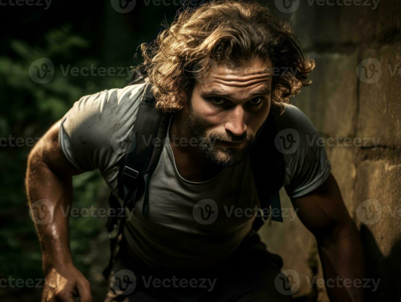 Determined man climbs a steep mountain trail AI Generative photo