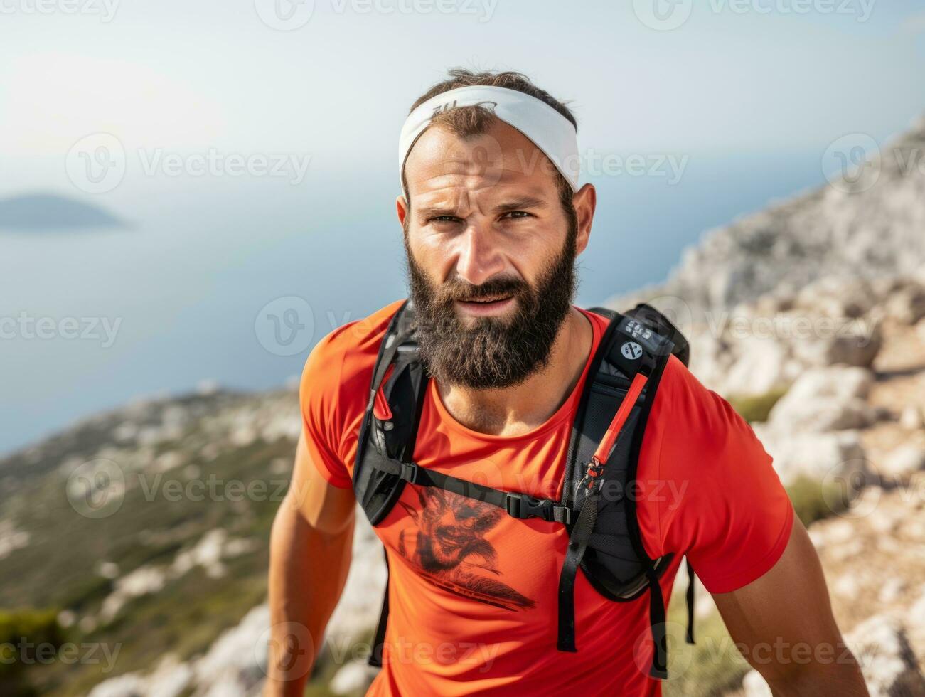 Determined man climbs a steep mountain trail AI Generative photo