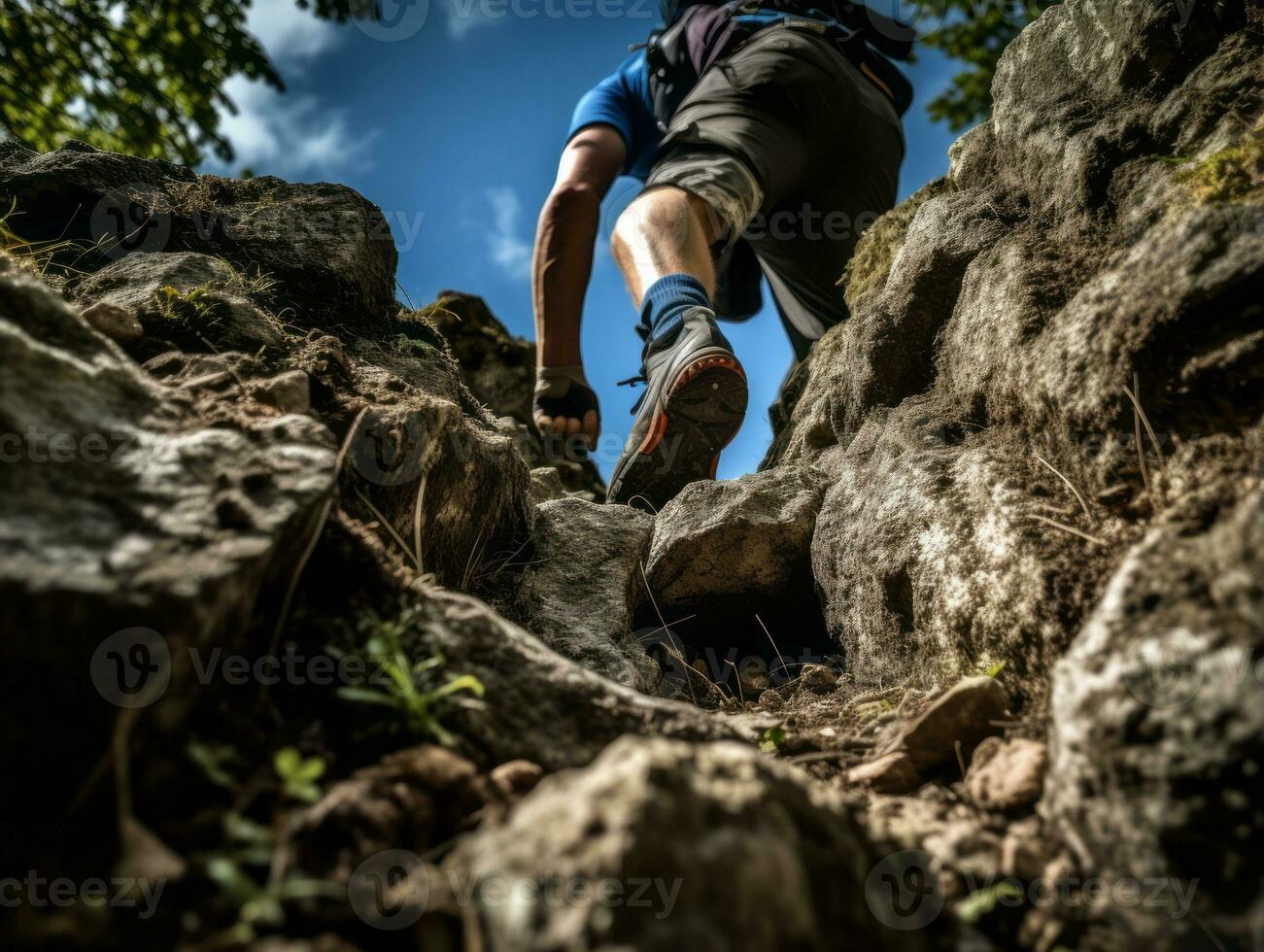 Determined man climbs a steep mountain trail AI Generative photo