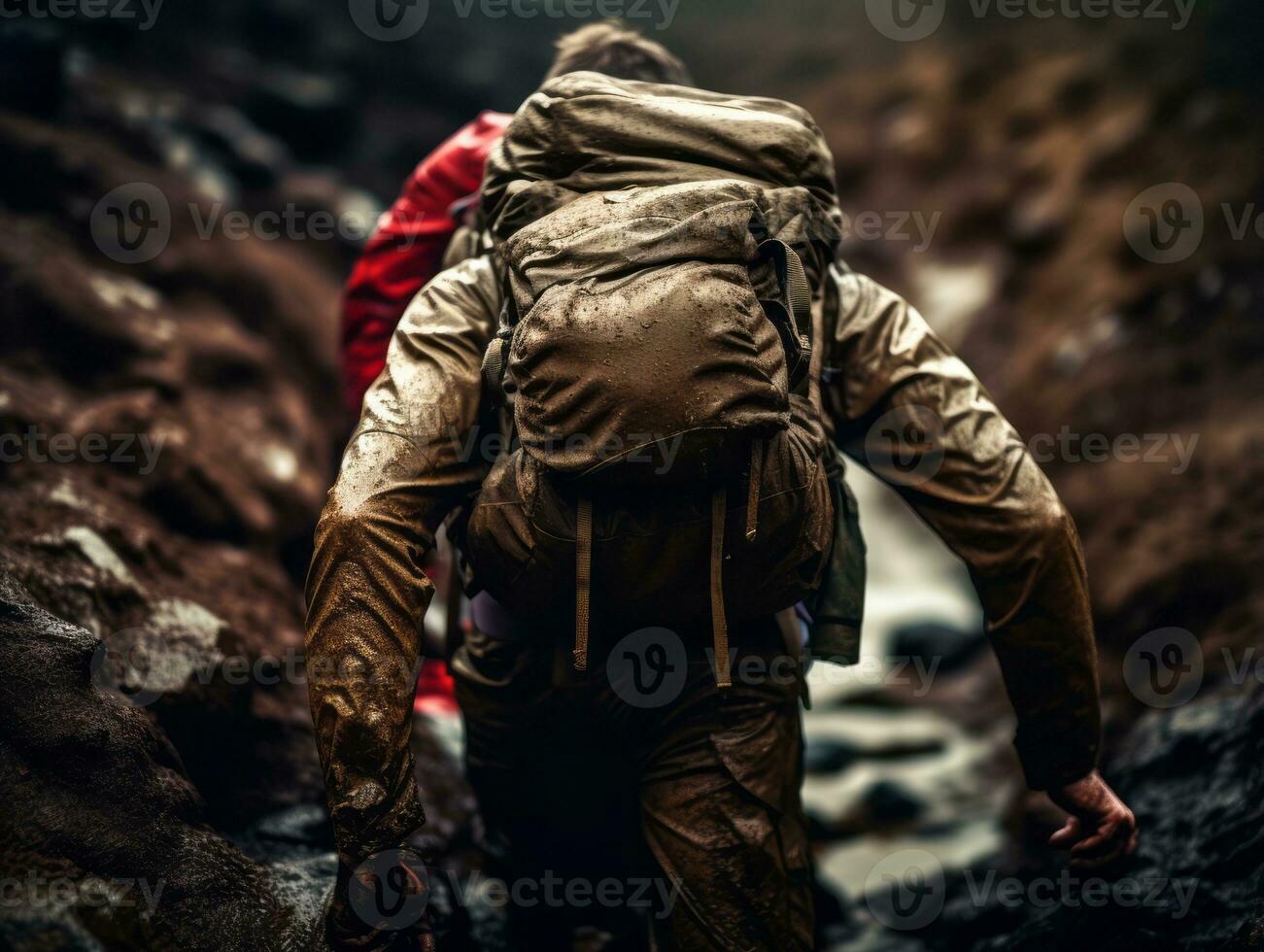 Determined man climbs a steep mountain trail AI Generative photo