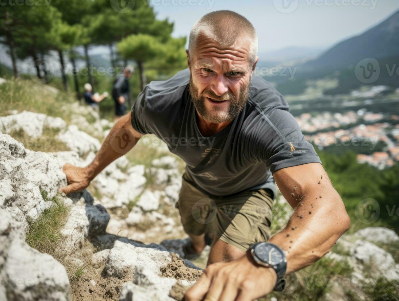 Determined man climbs a steep mountain trail AI Generative photo