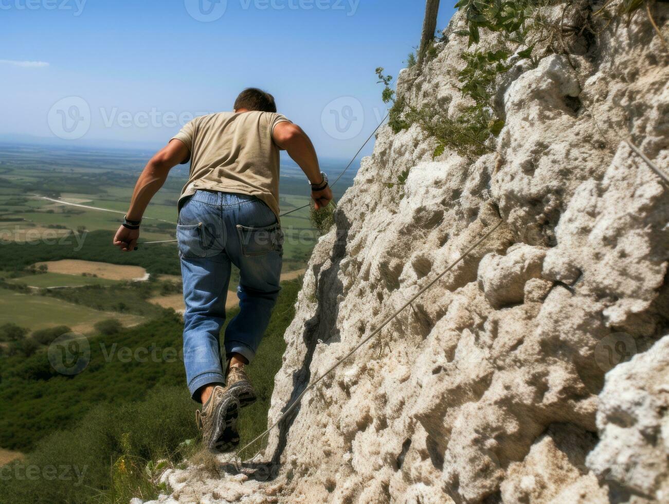 Determined man climbs a steep mountain trail AI Generative photo