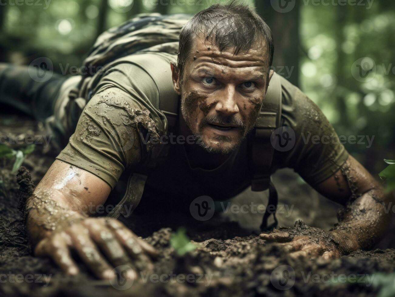 Determined man climbs a steep mountain trail AI Generative photo