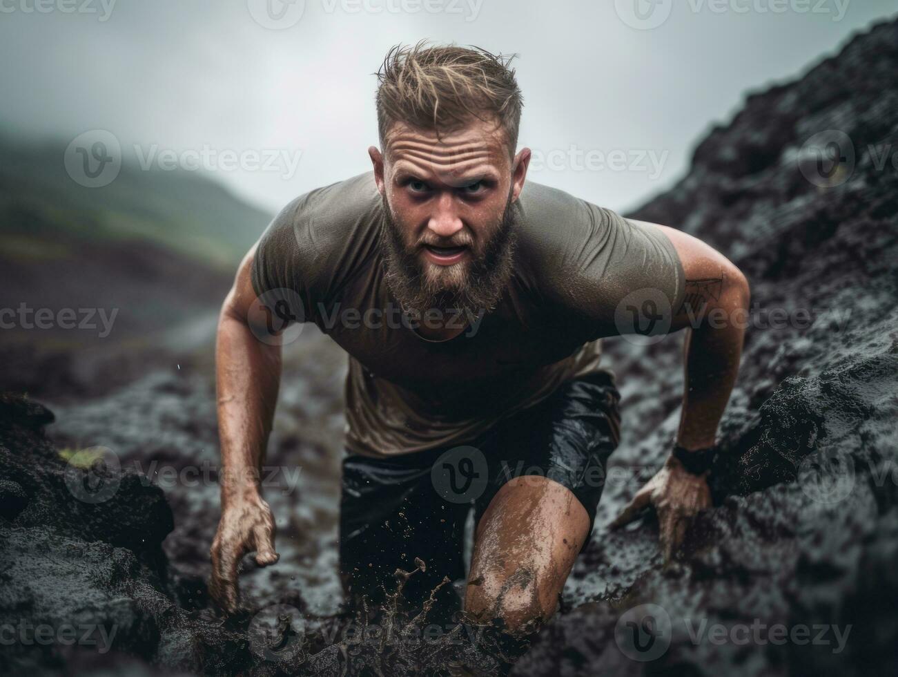 Determined man climbs a steep mountain trail AI Generative photo