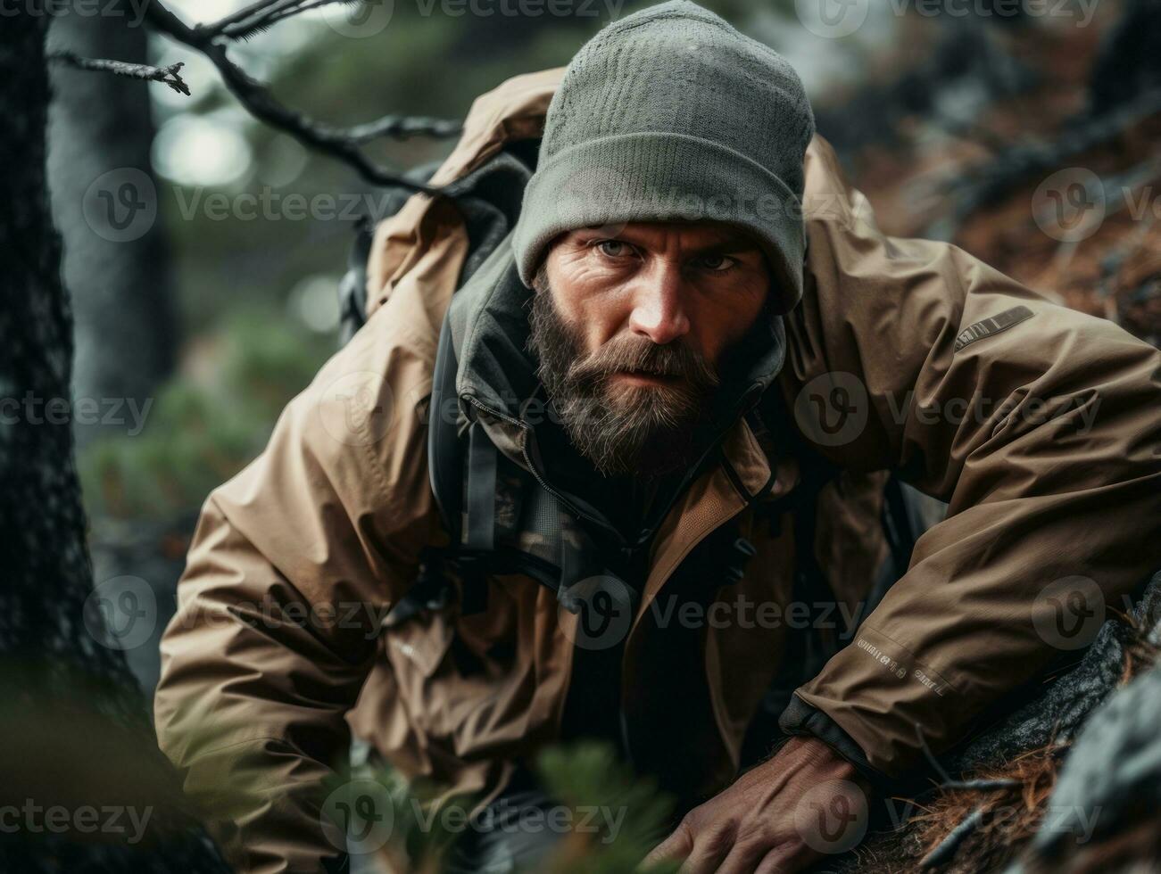 Determined man climbs a steep mountain trail AI Generative photo