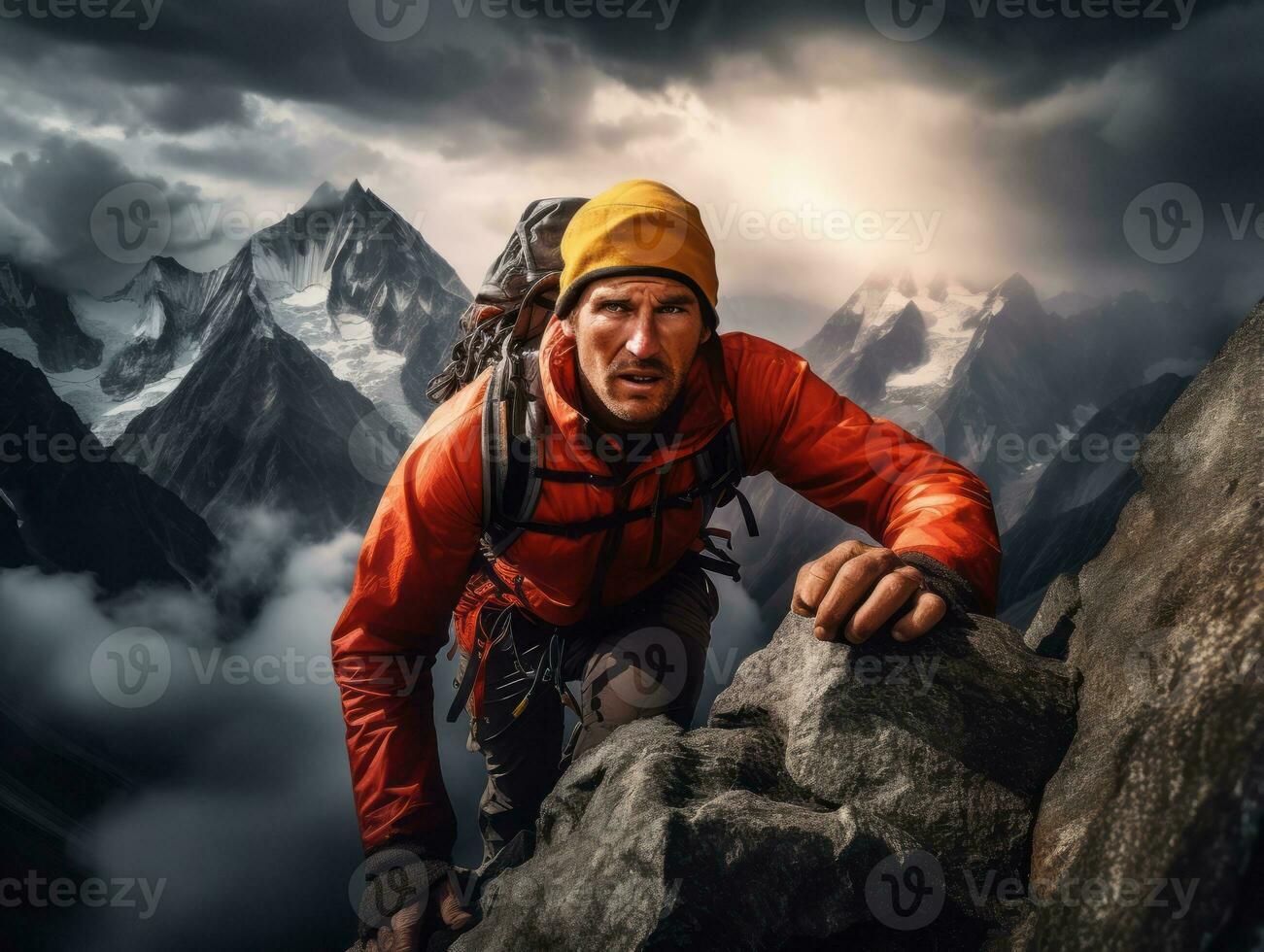 Determined man climbs a steep mountain trail AI Generative photo