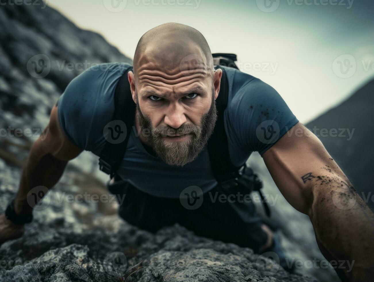 Determined man climbs a steep mountain trail AI Generative photo