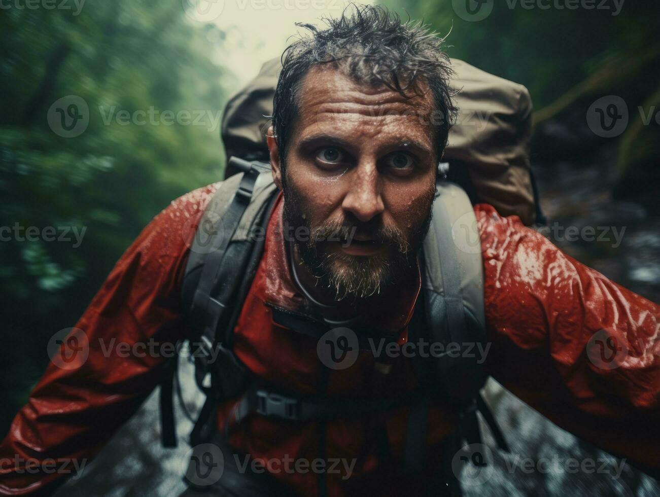 Determined man climbs a steep mountain trail AI Generative photo