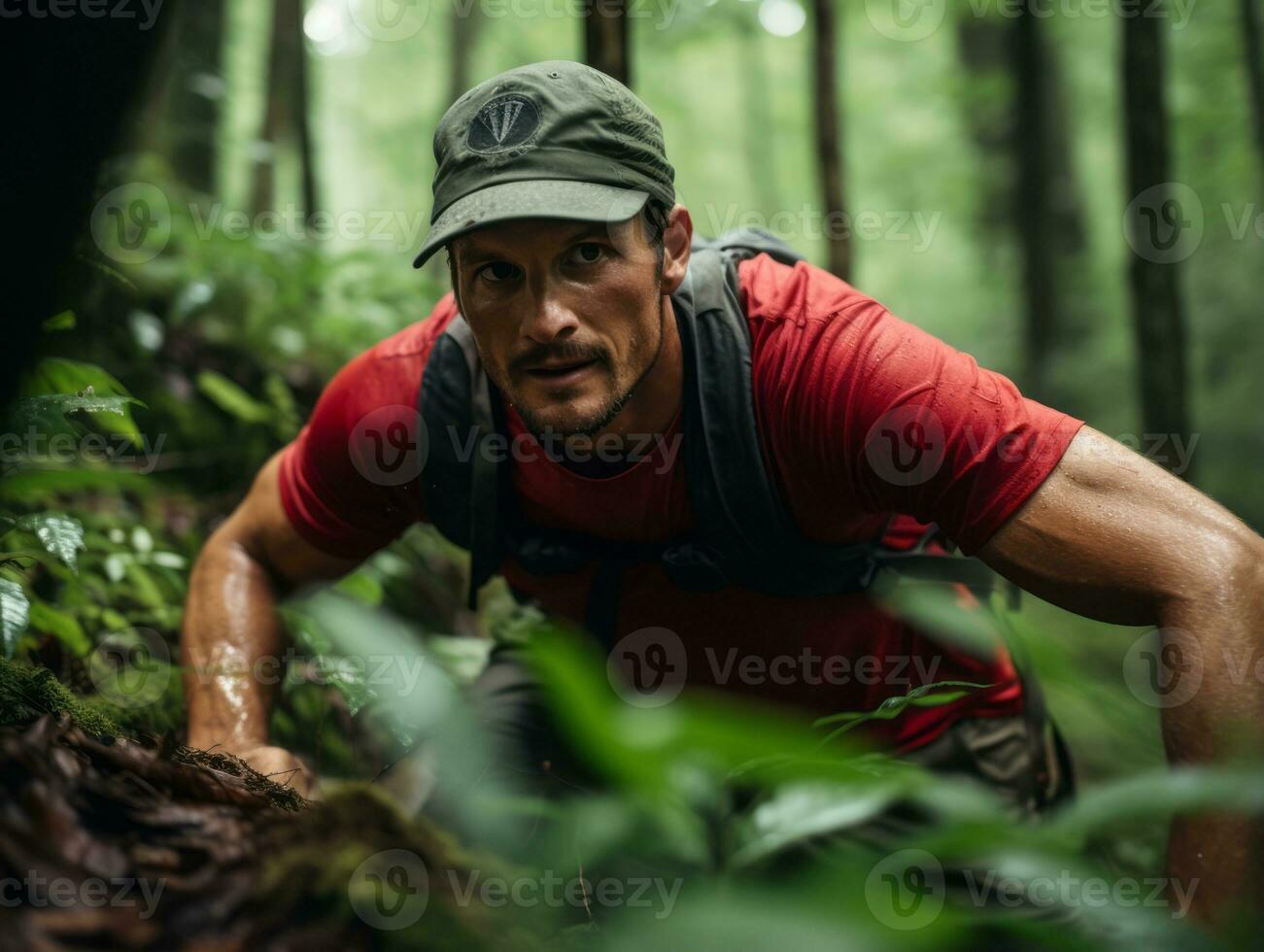 Determined man climbs a steep mountain trail AI Generative photo