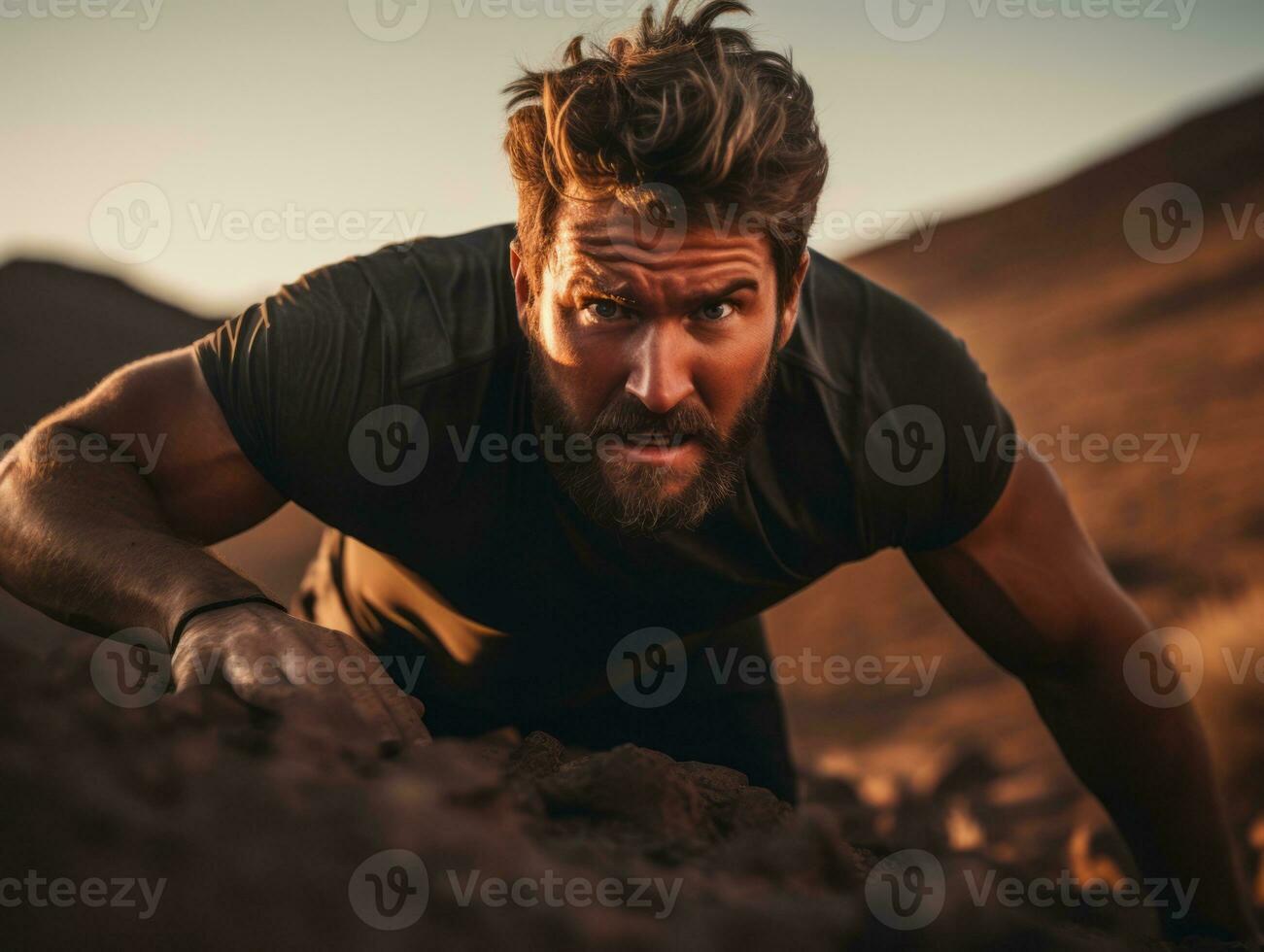 Determined man climbs a steep mountain trail AI Generative photo