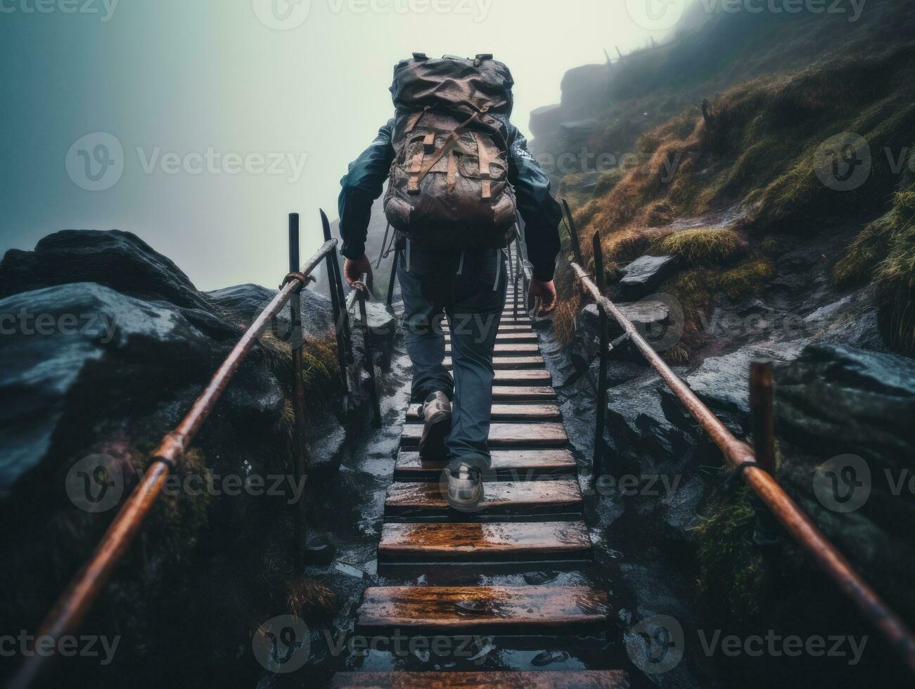 Determined man climbs a steep mountain trail AI Generative photo