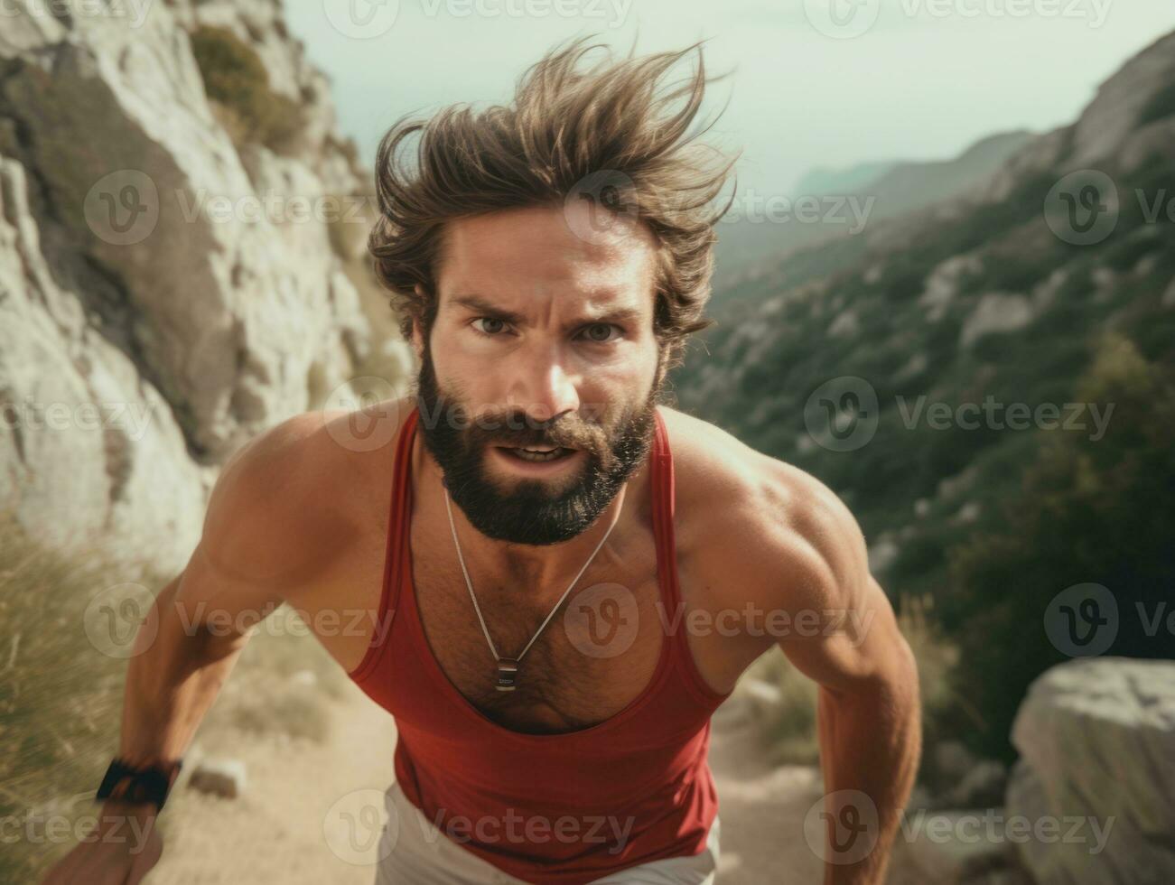 Determined man climbs a steep mountain trail AI Generative photo