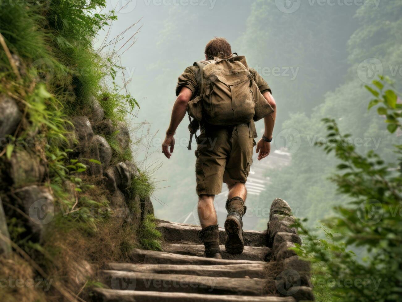 Determined man climbs a steep mountain trail AI Generative photo